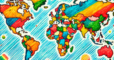 Mapa do mundo colorido com lápis de cor.