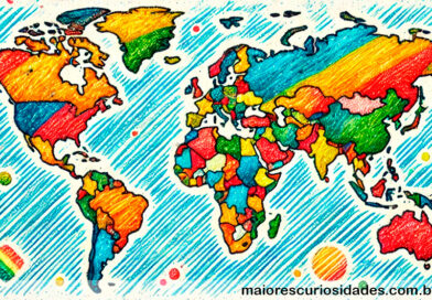 Mapa do mundo colorido com lápis de cor.