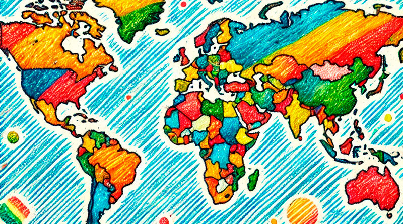 Mapa do mundo colorido com lápis de cor.